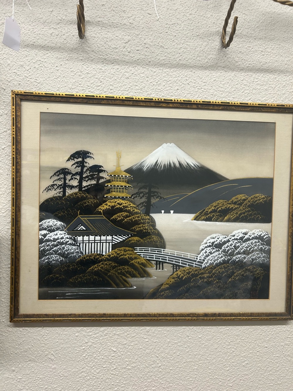vintage framed Japanese-style landscape painting or silk print wall art deco